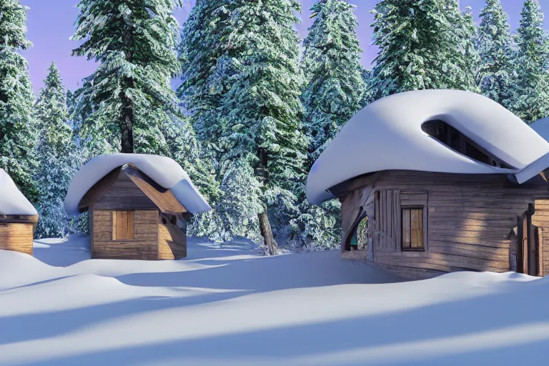 Image similar to futuristic cottage settlement with in the forest with Elbrus mountain covered by snow on the background, architecture, 3d render 8k , high details