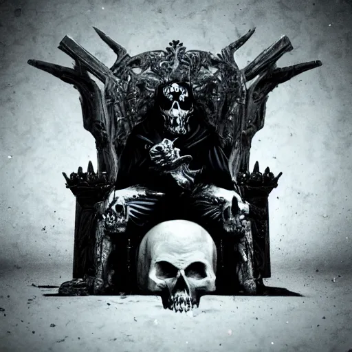 Image similar to the king of death, sitting on throne, shadows, hyperrealistic, dead bodies in the background, high resolution, 8 k, dramatic lighting, holding a skull