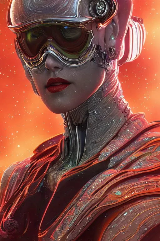 Prompt: portrait of a space cyborg, 3d, third person, lasers, cosmic background, fantasy, intricate, elegant, highly detailed, lifelike, photorealistic, digital painting, artstation, illustration, concept art, sharp focus, art in the style of art nouveau