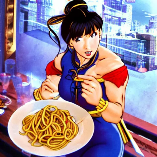 Prompt: chun li eating pasta