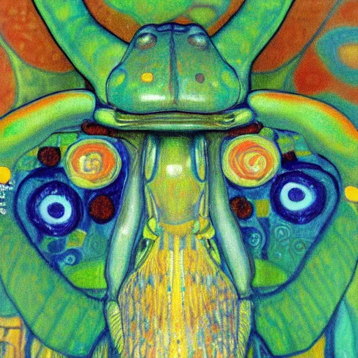 Image similar to detailed close up portrait of an exotic colorful praying mantis face by gustav klimt