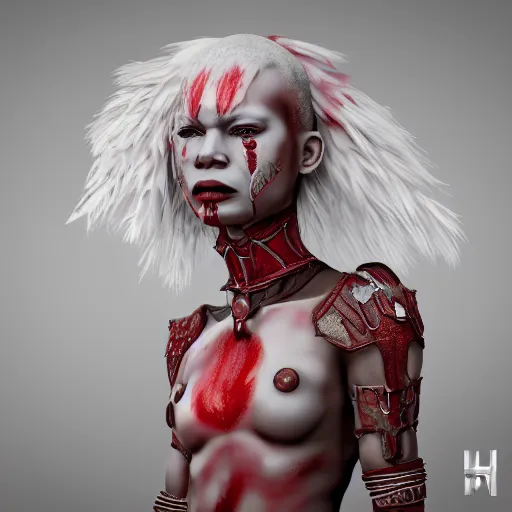 Prompt: albino African woman warrior ornated armor war paint, detailed, jewelry, sakura,photograph, award wining, red and white, trending on artstation, punk attitude, 4k, unreal engine 5, octane render, neon highlights