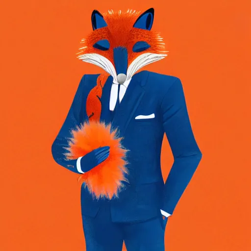 Prompt: “Young man wearing an orange-gala-fox-mask, darkblue suit and fluffy foxtail, digital art”