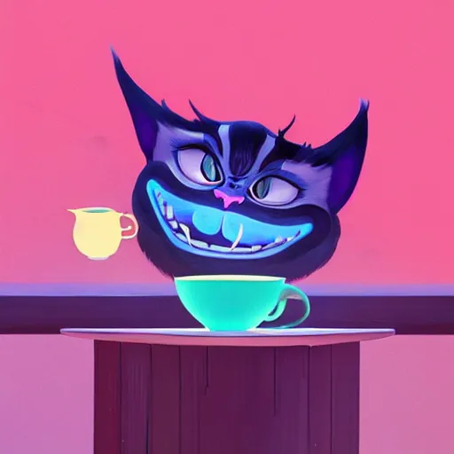 Image similar to cheshire cat drinking tea, in the style of atey ghailan and james gilleard, exquisite lighting, art, very coherent, trending on artstation