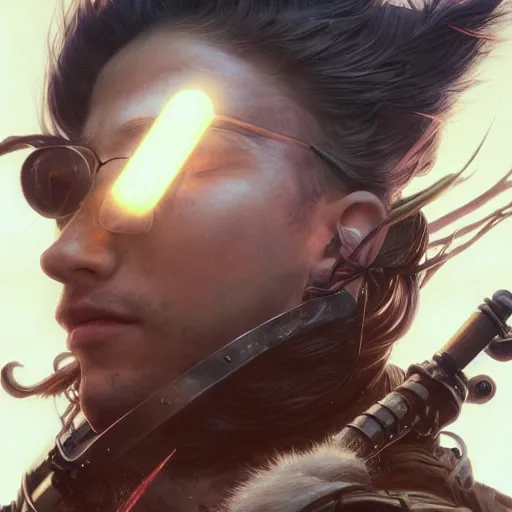 Image similar to Hyper realistic detailed portrait of !!!!!!Kurdish samurai, Stephen Bliss, unreal engine, fantasy art by Greg Rutkowski, Loish, Rhads, ferdinand knab, Makoto Shinkai and Lois van baarle, ilya kuvshinov, rossdraws, Tom Bagshaw, alphonse mucha, global illumination, radiant light, detailed and intricate environment, highly detailed, award winning art