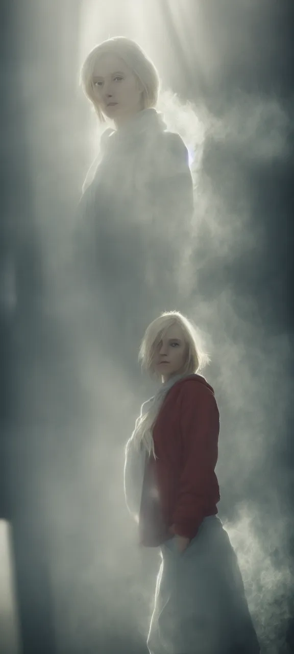 Image similar to very very beautiful photograph of emily skinner looking like annie leonhart in a hoodie standing next to a window god rays shining on her from the sunlight, volumetric fog, smoke, depth of field, beautiful composition, very very very beautifull face, on artstation and instagram, ray tracing