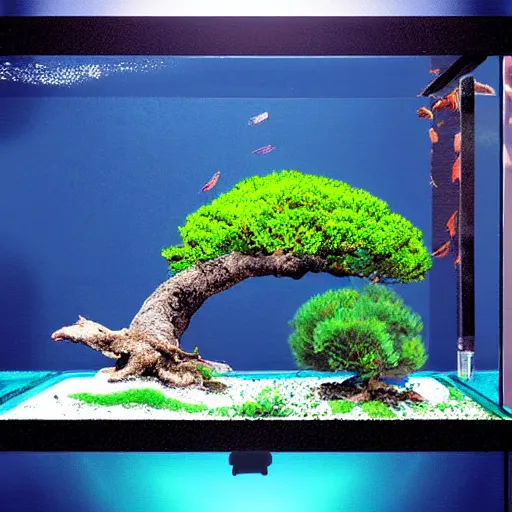 Prompt: A bonsai tree growing out of a fish tank, digital art