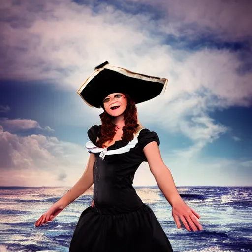 Prompt: dancing brunette milk maid woman wearing a pirate hat shore seascape in the style of Alberto Seveso