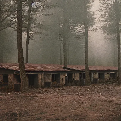 Image similar to film still of a military compound with 2 barracks during ww 2 in the forest, trenches dug around the perimeter, filmgrain, zeiss lens, redshift, octane, foggy diffused lighting