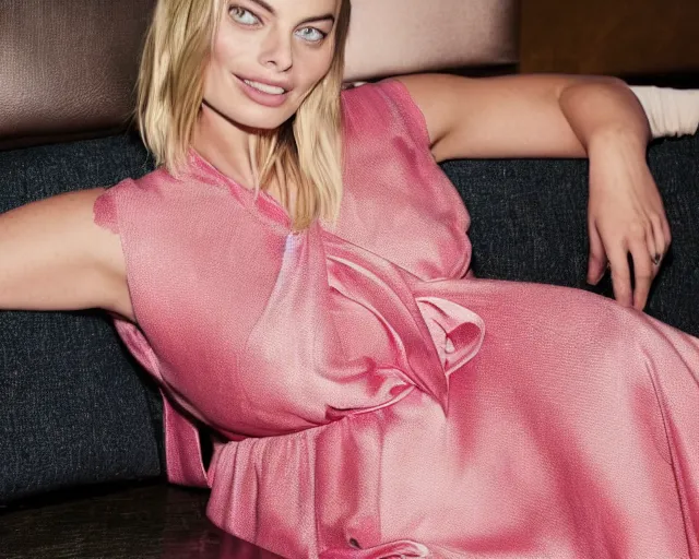 Image similar to margot robbie wearing a pink dress and leaning on a sofa, cinematic, detailed face, highly detailed, award winning photograph