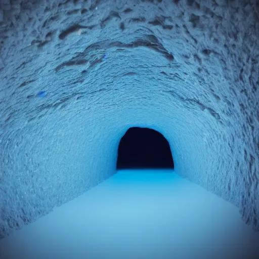 Image similar to dark cave made of smooth blue ice, surreal,