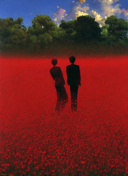 Prompt: two people in a field of red flowers and the world crushing around them, red sky, surreal, vivid colors, painting by Alexander Mandradjiev, part by Yoji Shinkawa, part by Norman Rockwell