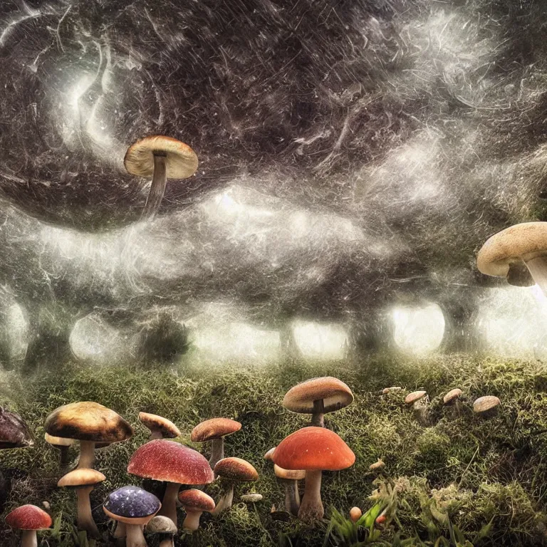 Image similar to a planet of various fungus, mushrooms and plants, inside the picture is infinity, Atmospheric phenomenon, artistic photography, muted colors, conceptual, long exposure outside the city, volumetric light