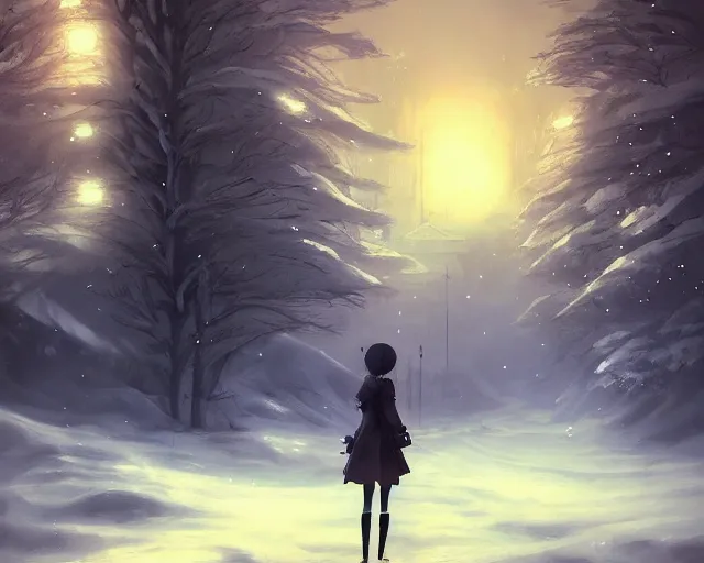 Prompt: scenery artwork, scene beautiful, light!! light essential calm and cozy winter world snow and night, surrealism oil on canvas, artstation!! pixiv!! dream scenery, quality nier : automata projection render, nier automata concept art, vaporwave textures