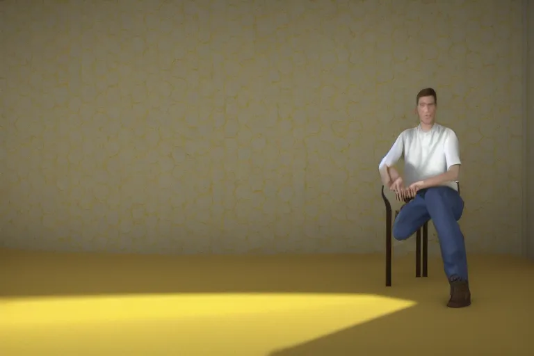 Image similar to 3 d render of jerma 9 8 5, jerma in the backrooms, jerma in endless halls of completely empty office space with worn light mono - yellow 7 0 s wallpaper, old moist carpet, and inconsistently - placed fluorescent lighting | liminal space | non - euclidean space | high octane | blender | 3 d render