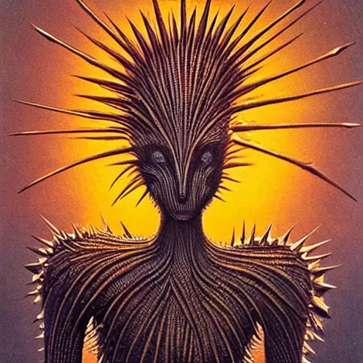 Prompt: the queen of the sun with a spiky body and face, when you kiss her you'll die instantly, eerie, creepy, beautiful, scary, spiky, spiky, spiky, colorful in the style of zdzisław beksiński and h.r. giger, oil on canvas, full body, open wide chest, intricately detailed artwork, full 8k high quality resolution, recently just found unknown masterpiece, renaissance painting, photorealism, 8k high detail, Sigma 85 mm f 1.4, Studio Light, Studio Ghibli, jacek yerka, alex gray, zdzisław beksiński, dariusz zawadzki, jeffrey smith and h.r. giger, oil on canvas, 8k highly professionally detailed, trending on artstation, her hair is thick and smooth, she is beautiful showing her true form