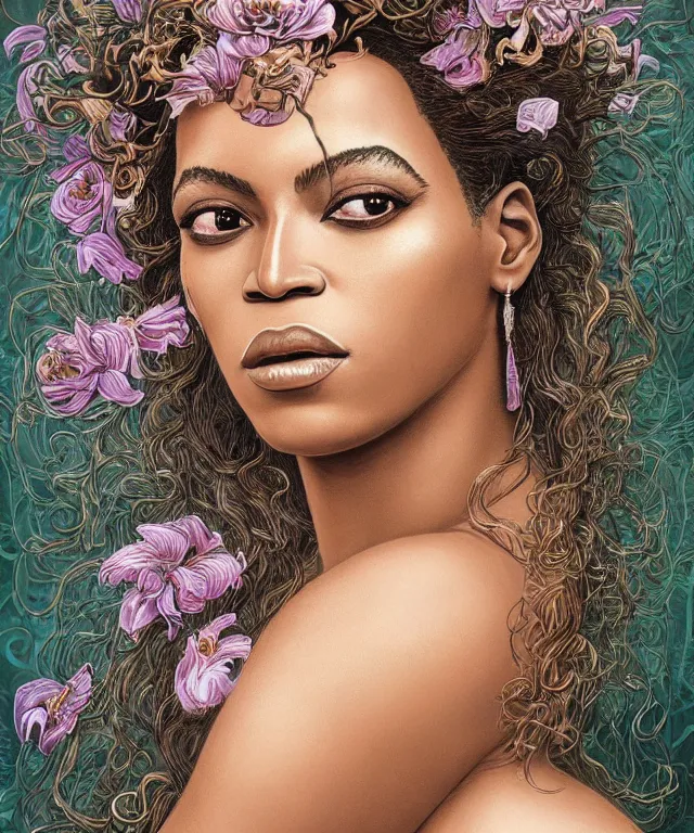 Image similar to facial portrait of Beyonce as a young pretty woman in flowing dress, arrogant, mysterious, long fine flowing hair, delicate, looking at camera, realistic face, intricate, stylish, elegant, grimdark, flowers, extremely detailed photograph by Martine Johanna and Ernst Haeckel and Greg Rutkowski