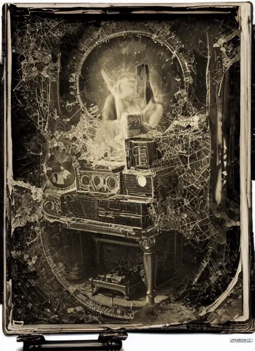 Image similar to old wetplate daguerreotype, portrait of god is a dj, explosion of data fragments, fractal, intricate, elegant, highly detailed, parallax, leica, medium format, subsurface scattering, by jheronimus bosch and greg rutkowski and louis jacques mande daguerre