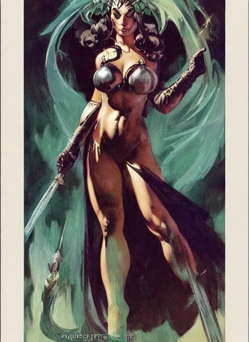 Prompt: mighty plump female sorceress, green tiara, lightning strike, strong line, muted color, beautiful! coherent! by frank frazetta, by brom