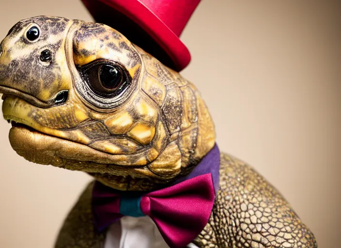 Image similar to photo still of a tortoise wearing a top hat and bowtie, 8 k, studio lighting bright ambient lighting key light, 8 5 mm f 1. 8