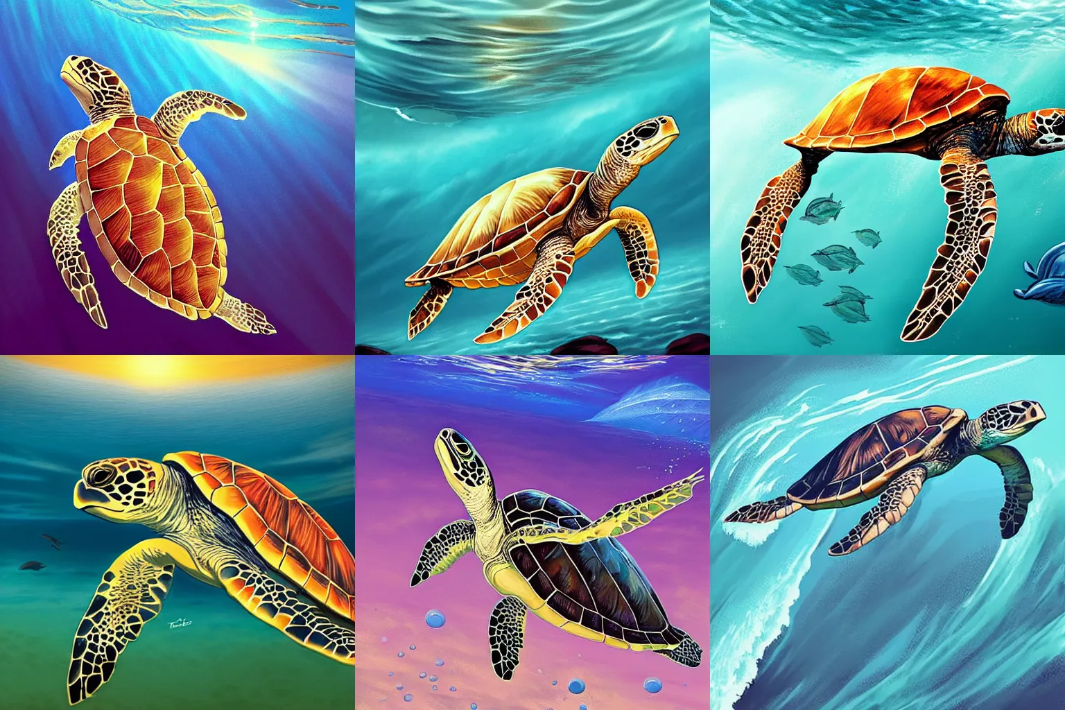 Prompt: sea turtle beneath the ocean waves, rhads, digital art, bubbles, top down view