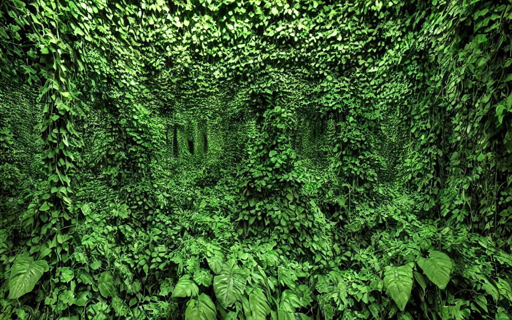 Image similar to Multiple layers of perspective Deep dark green jungle vines. metal foundry Clay sculpture by Magritte. Surreal sense of scale and depth. mind bending illusions of light and shadows by Magritte and Dali. Huge clay art installation in an abandoned metal foundry. red, gold, green, black.