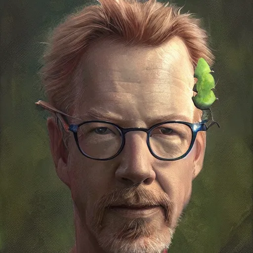 Image similar to adam savage as a plant like creature, closeup portrait by greg rutkowski, realistic face, digital art,