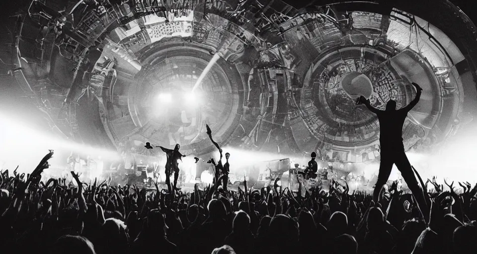 Image similar to a photo of the prodigy playing live with aphex twin on mars in a domed sold out arena