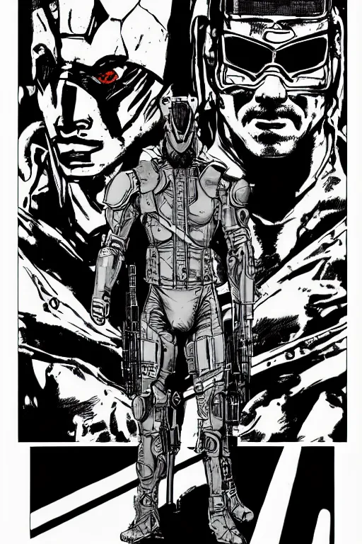 Image similar to gray fox from metal gear solid, a page from cyberpunk 2 0 2 0, style of paolo parente, style of mike jackson, adam smasher, johnny silverhand, 1 9 9 0 s comic book style, white background, ink drawing, black and white, colouring pages