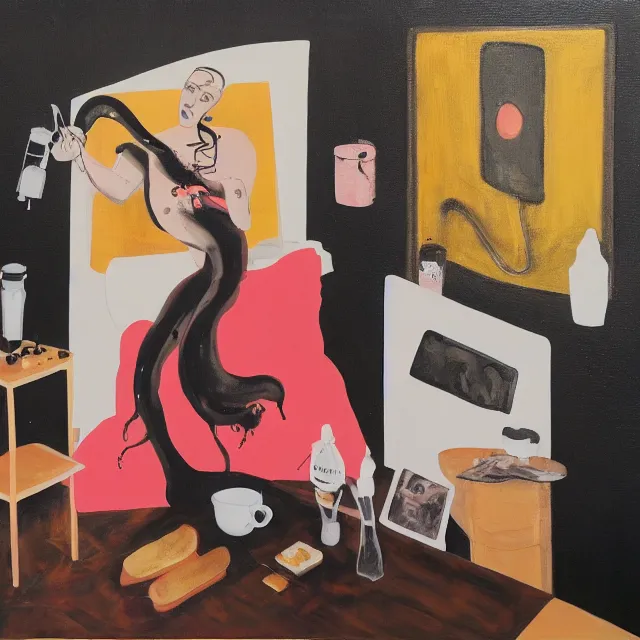 Prompt: sensual, a portrait in a female art student's bedroom, black walls, a woman drinking coffee, pancakes, maple syrup dripping, chocolate, surgical supplies, ikebana, octopus, neo - expressionism, surrealism, acrylic and spray paint and oilstick on canvas