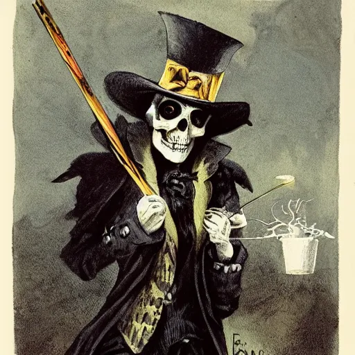 Prompt: grim-hatter, skull cane, candy eerie color, voodoo ritual, matte painting art from goya and pirner