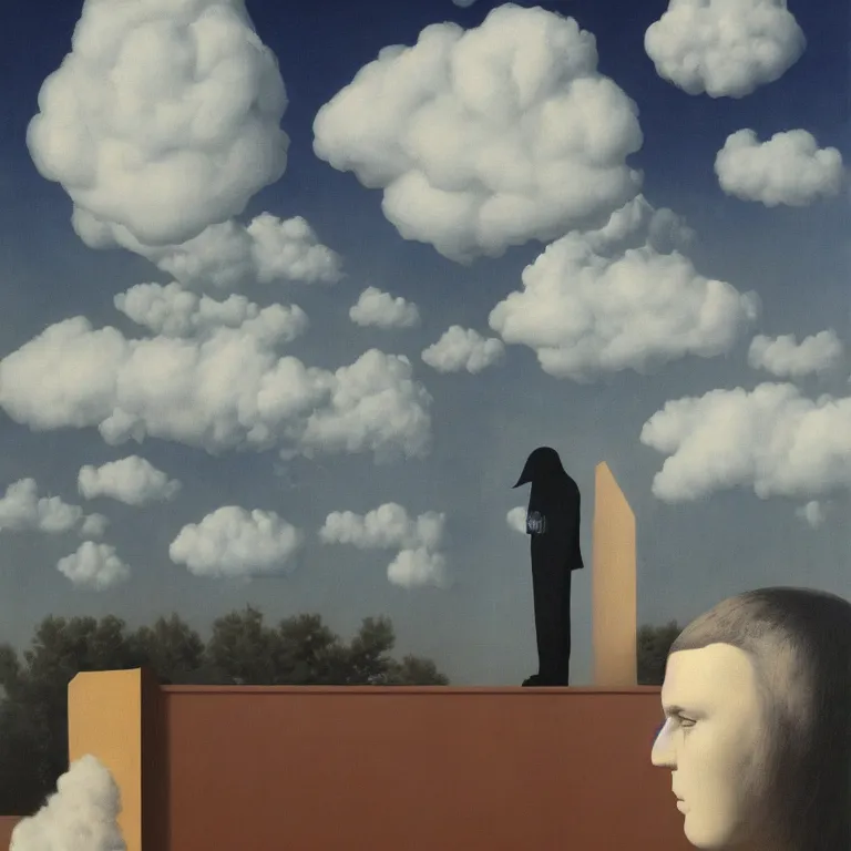 Image similar to portrait of a scary creepy ghost, clouds in the background, by rene magritte, detailed painting, distance, middle centered, hd, hq, high resolution, high detail, 4 k, 8 k