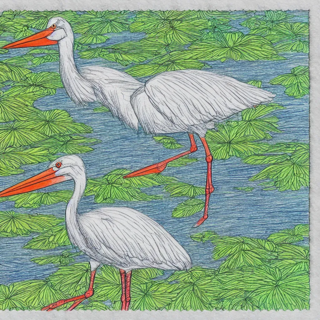 Prompt: post stamp drawing of a stork, lake and forest in distance, colourful, very detailed, 4 k