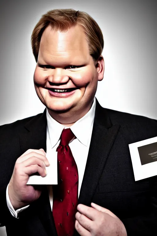Prompt: andy richter wearing a brown suit and necktie, ultra hd photo, 3 5 mm close up, fish eye, realistic, smiling, holding a postcard from chicago