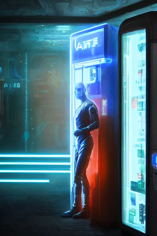 Image similar to in a corridor, a human in a still suite from dune in front of a vending machine, his profile and face lit by the blue neon light of the machine in front of him, blade runner style, gloomy mood, hyper-realistic environment,Epic concept art. Octane render and Unreal Engine