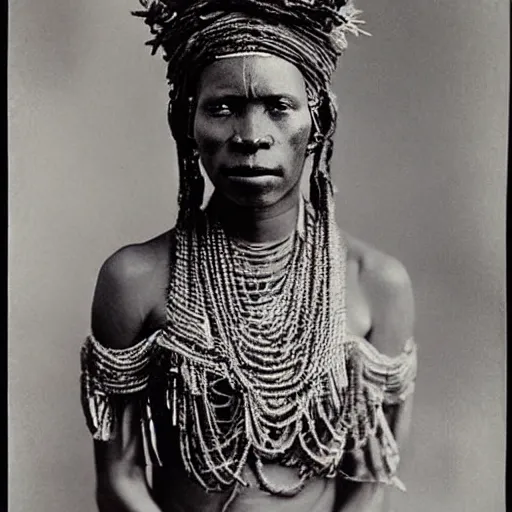 Image similar to vintage photo of a west African manding queen by edward s curtis, photo journalism, photography, cinematic, national geographic photoshoot