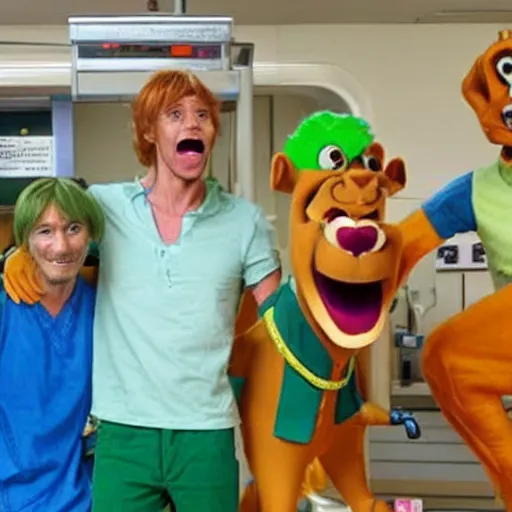 Prompt: scooby-doo and shaggy causing mayhem in a hospital