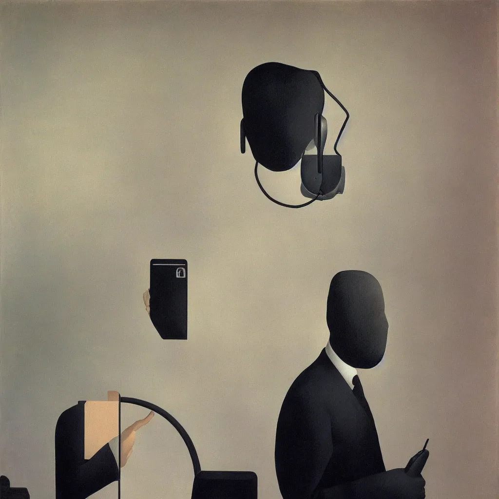 Image similar to i, a man wearing headphone and playing his iphone, by rene magritte