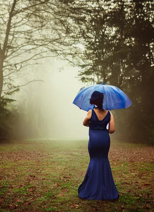 Image similar to symmetry!! a 2 8 mm macro photo of a woman in a formal gown standing in the rain, misty, morning, splash art, movie still, bokeh, canon 5 0 mm, cinematic lighting, dramatic, film, photography, golden hour, depth of field, award - winning, anamorphic lens flare, 8 k, hyper detailed, 3 5 mm film grain