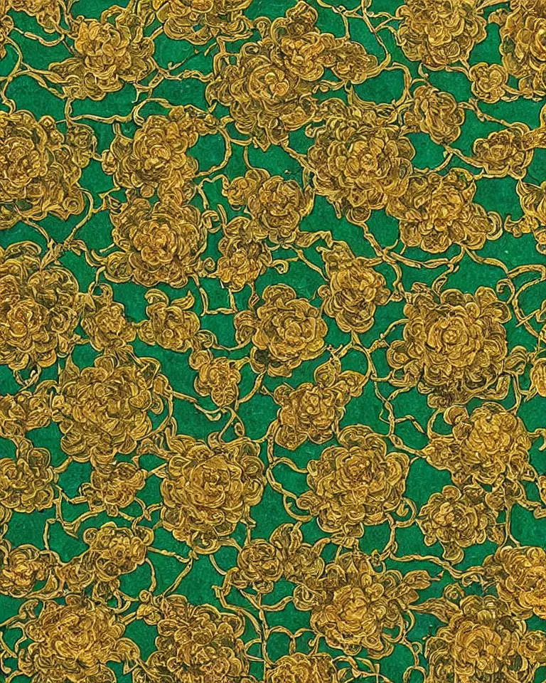 Image similar to “extreme close up print of a flowing ornamental pattern featuring emeralds and gold flowers by Raphael, Hopper, and Rene Magritte.”