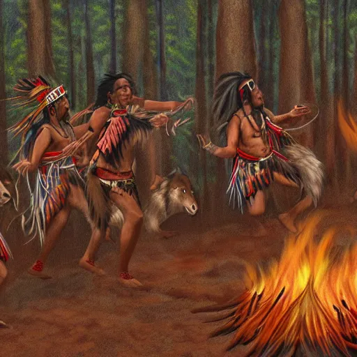 Image similar to Native american dancing around a fire with wolves, hd, tribal, intricate, 8k, digital art