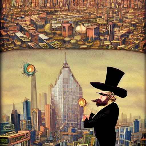 Image similar to A beautiful painting of a man with a beard and a top hat, looking over a cityscape. lomography by Mark Ryden swirling