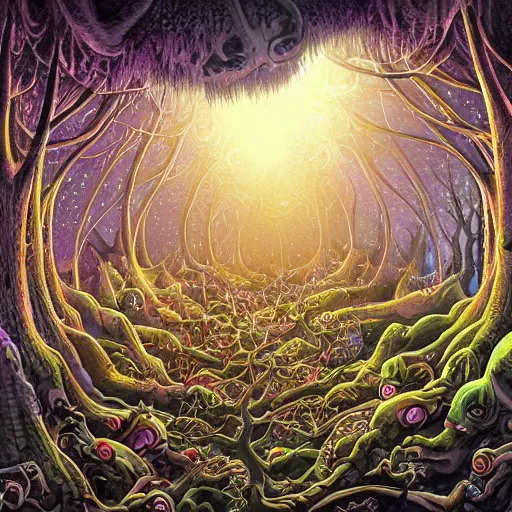 Image similar to dmt-machine-elves by artist-Nathan-Spoor, crawling across the circus floor, climbing up the winding trees