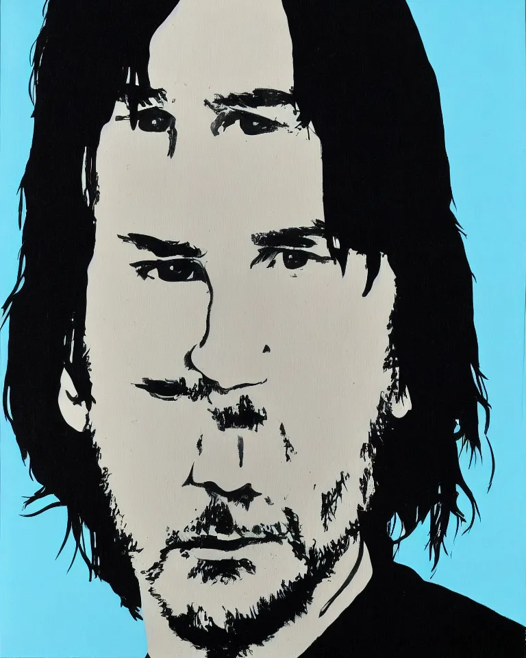 Prompt: keanu reeves caricature, painted by andy warhol