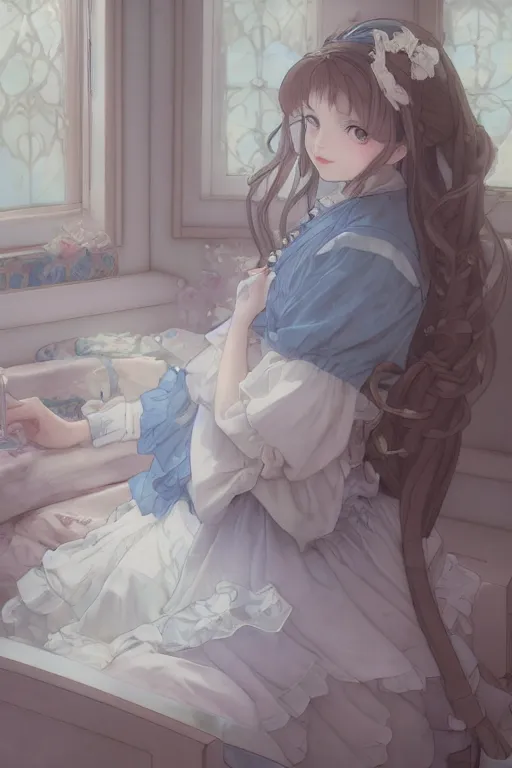 Prompt: a young lolita dressed girl in a maid's outfit in the bedroom typing front the notebook at night, raining outside the window, grey and blue theme, wavy white long hair by krenz cushart and mucha and akihito yoshida and makoto shinkai and greg rutkowski, 4 k resolution