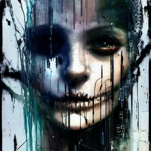 Image similar to a cyberpunk gothic noir detective, skulls, wires cybernetic implants, machine noir grimcore in cyberspace photoreal, atmospheric by jeremy mann francis bacon and agnes cecile, ink drips paint smears digital glitches