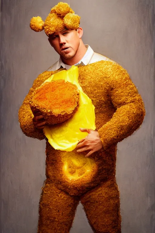 Image similar to channing tatum wearing a tater tot costume, oil on canvas, intricate, 8 k highly professionally detailed, hdr, cgsociety