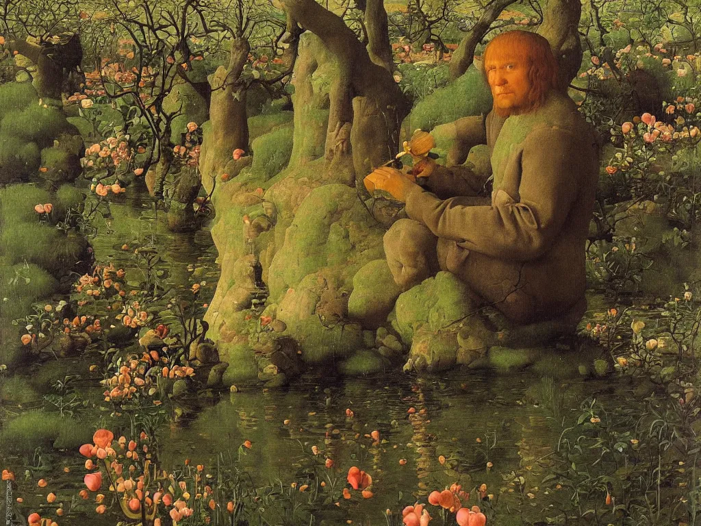 Prompt: Portrait of an artist painting at his easel knee deep in a river. Humanoid rocks, coral-like pebbles, spring orchard in bloom. Painting by Jan van Eyck, Georges de la Tour, Rene Magritte, Jean Delville, Max Ernst, Beksinski