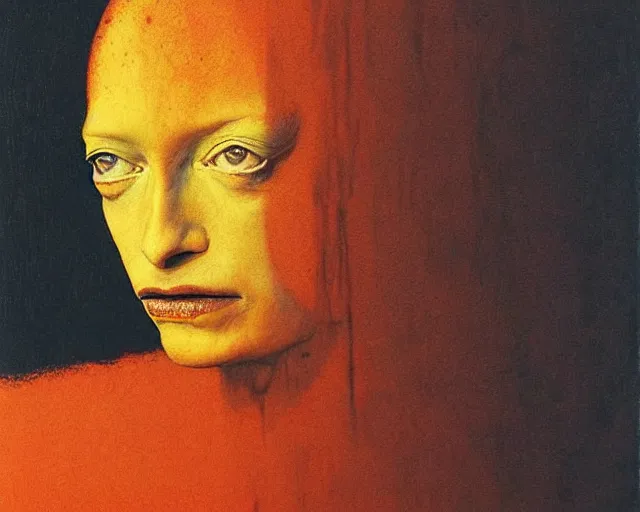 Image similar to by francis bacon, beksinski, mystical redscale photography evocative, expressionism. kat dennings uma thurman christina hendricks tilda swinton