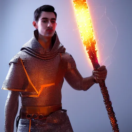 Prompt: Edgar Davis wearing chainmail tunic holding a glowing fire magical staff. Trending on Artstation, octane render, ultra detailed, art by Ross tran